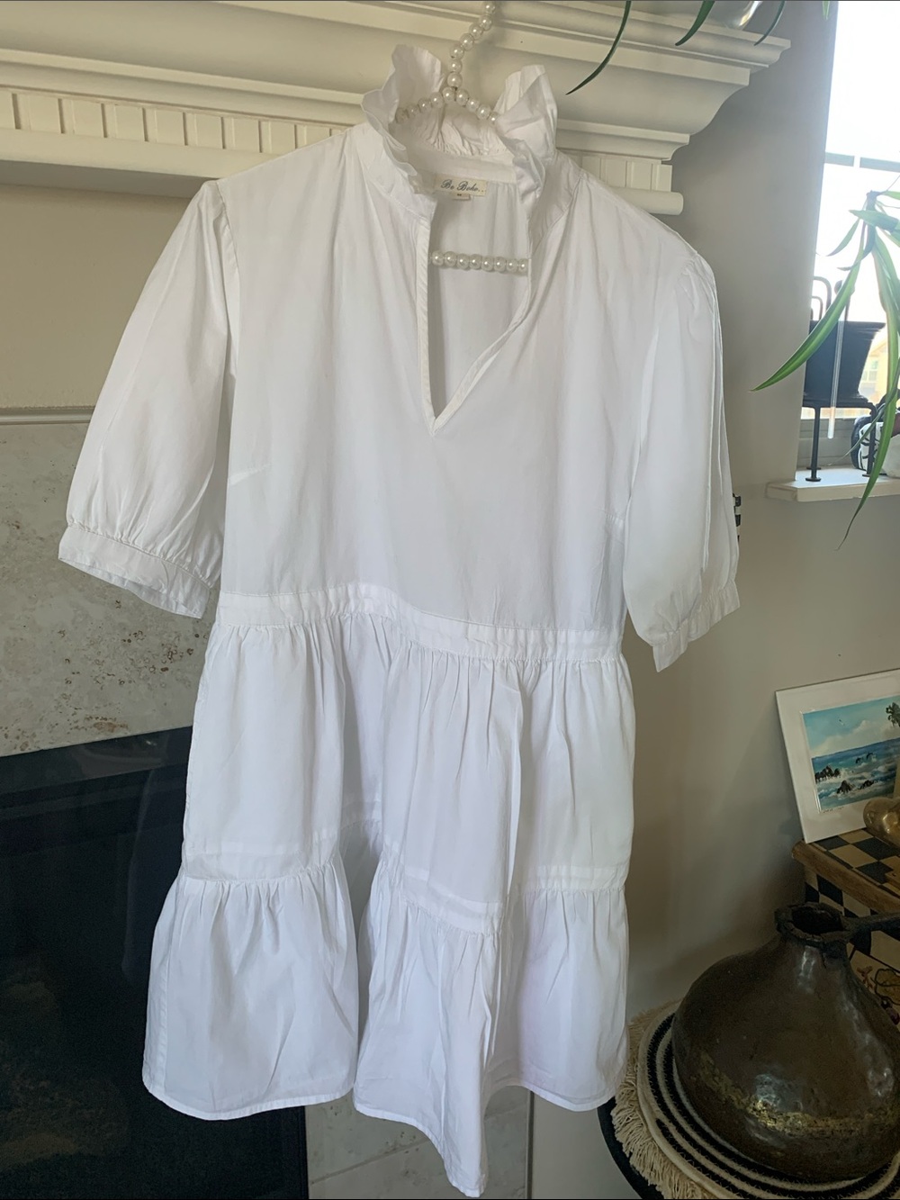 Anthropologie Be Boho White Ruffled Collar Tiered Cotton Dress Size M